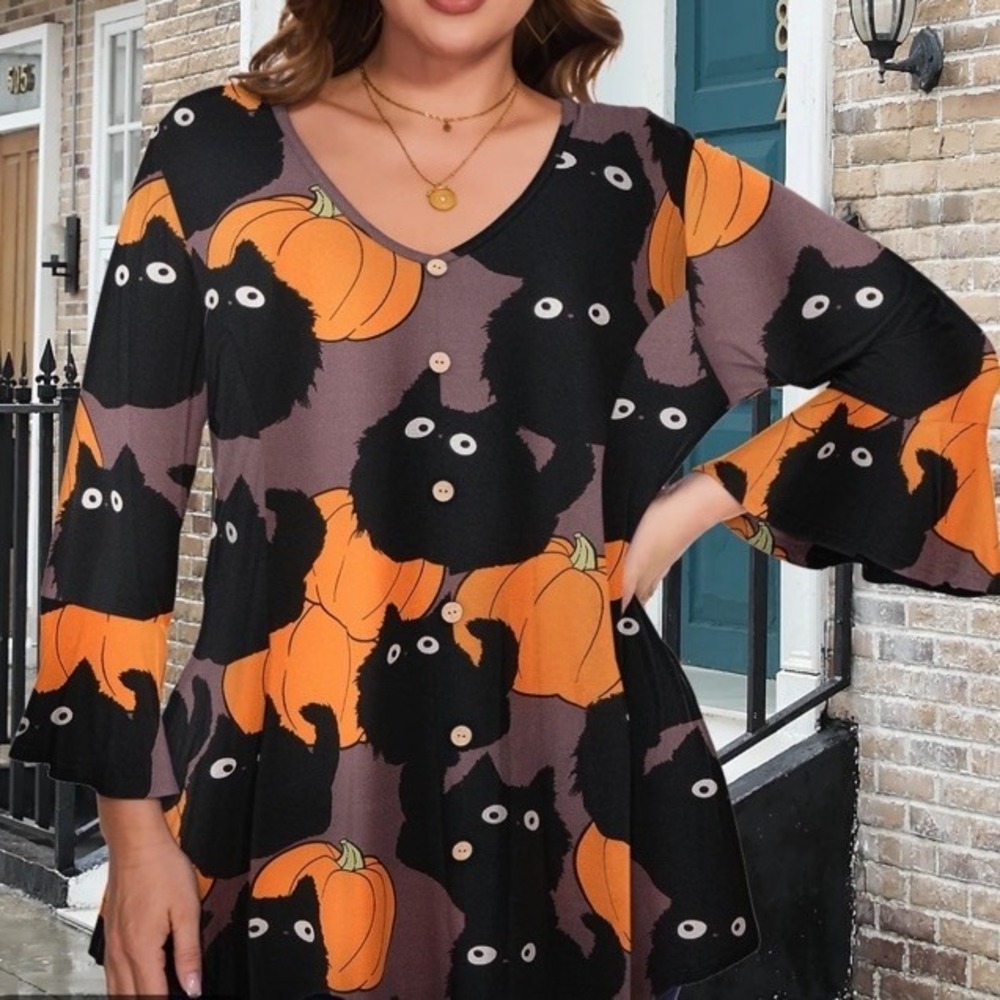 Halloween Swing Tunic Top Pumpkin Black Cat Plus 3X Ruffle 3/4 Sleeve NEW